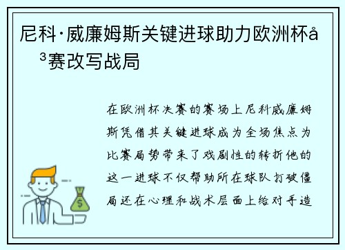 尼科·威廉姆斯关键进球助力欧洲杯决赛改写战局
